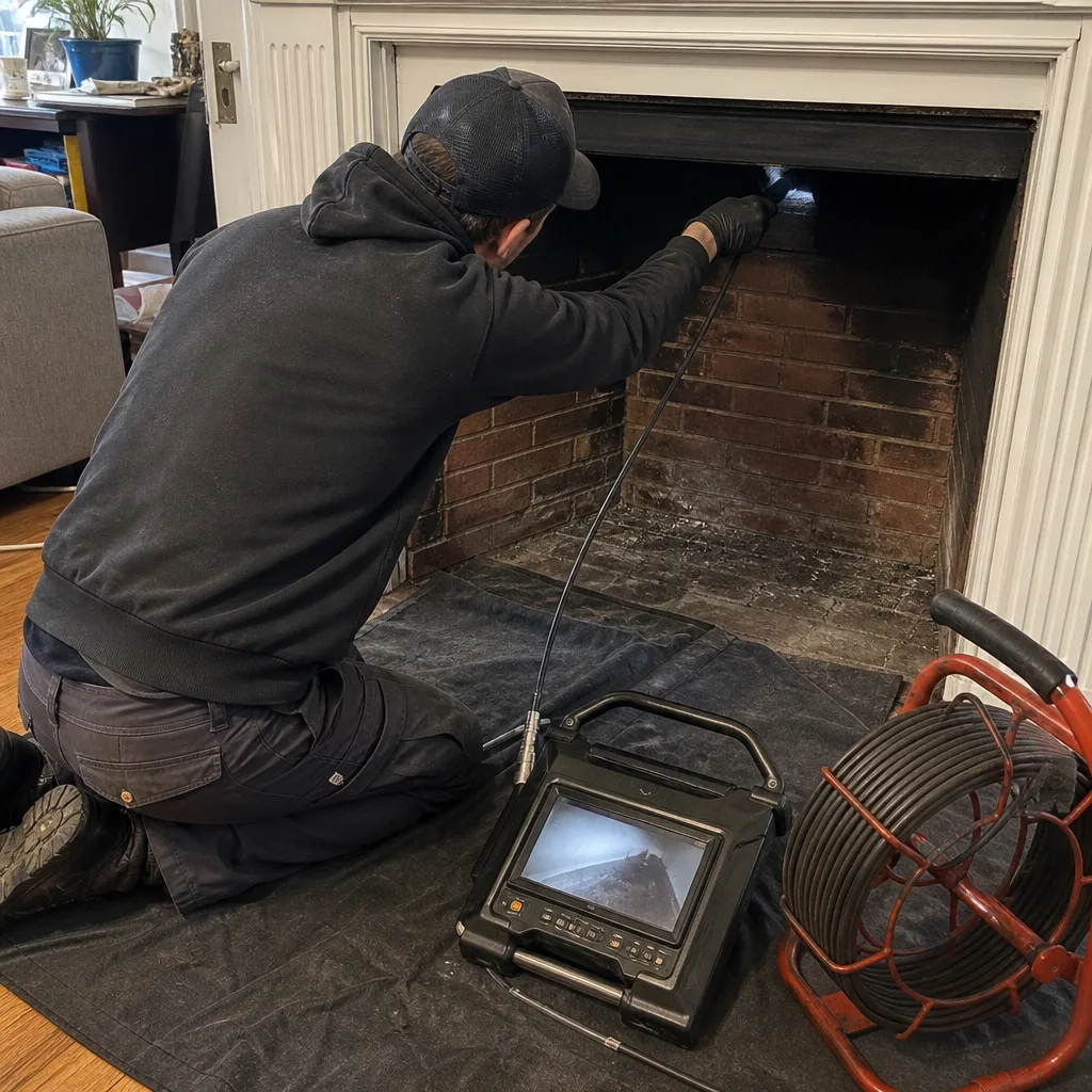 Professional chimney sweep performing a video fireplace inspection