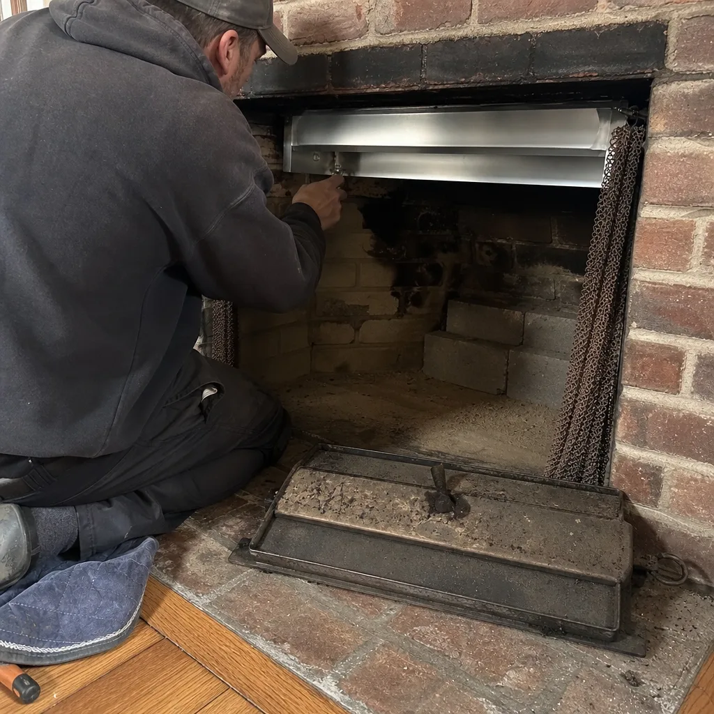 Technician installing new metal damper in brick fireplace for chimney service