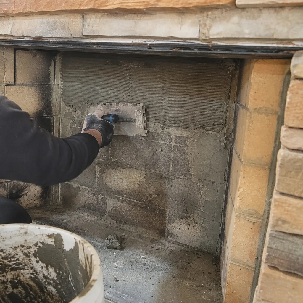 Worker applying mortar with a notched trowel to a fireplace wall